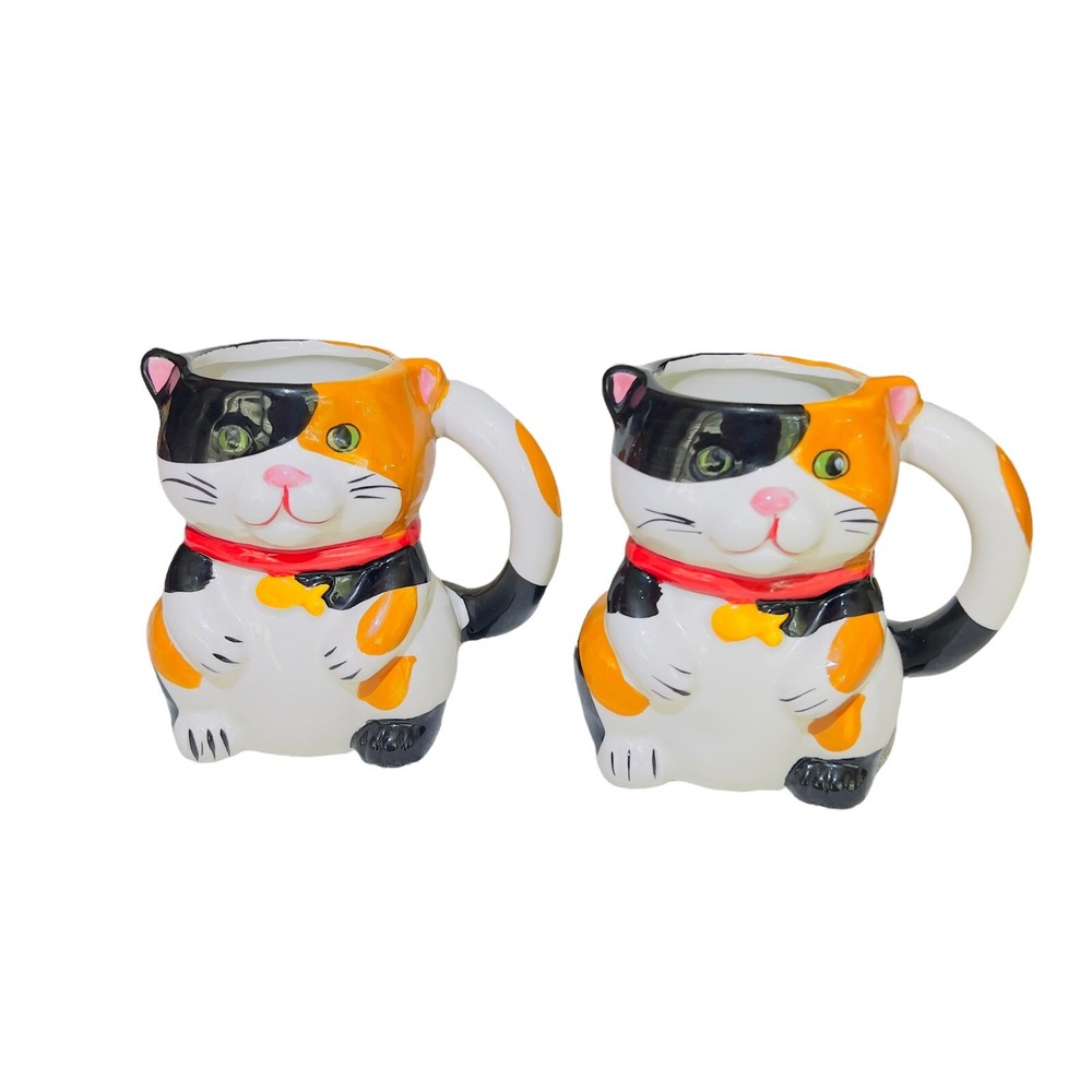 Pier 1 Imports Mugs Calico Cat Surprise Mouse Inside 3D Coffee Cup-Set of 2